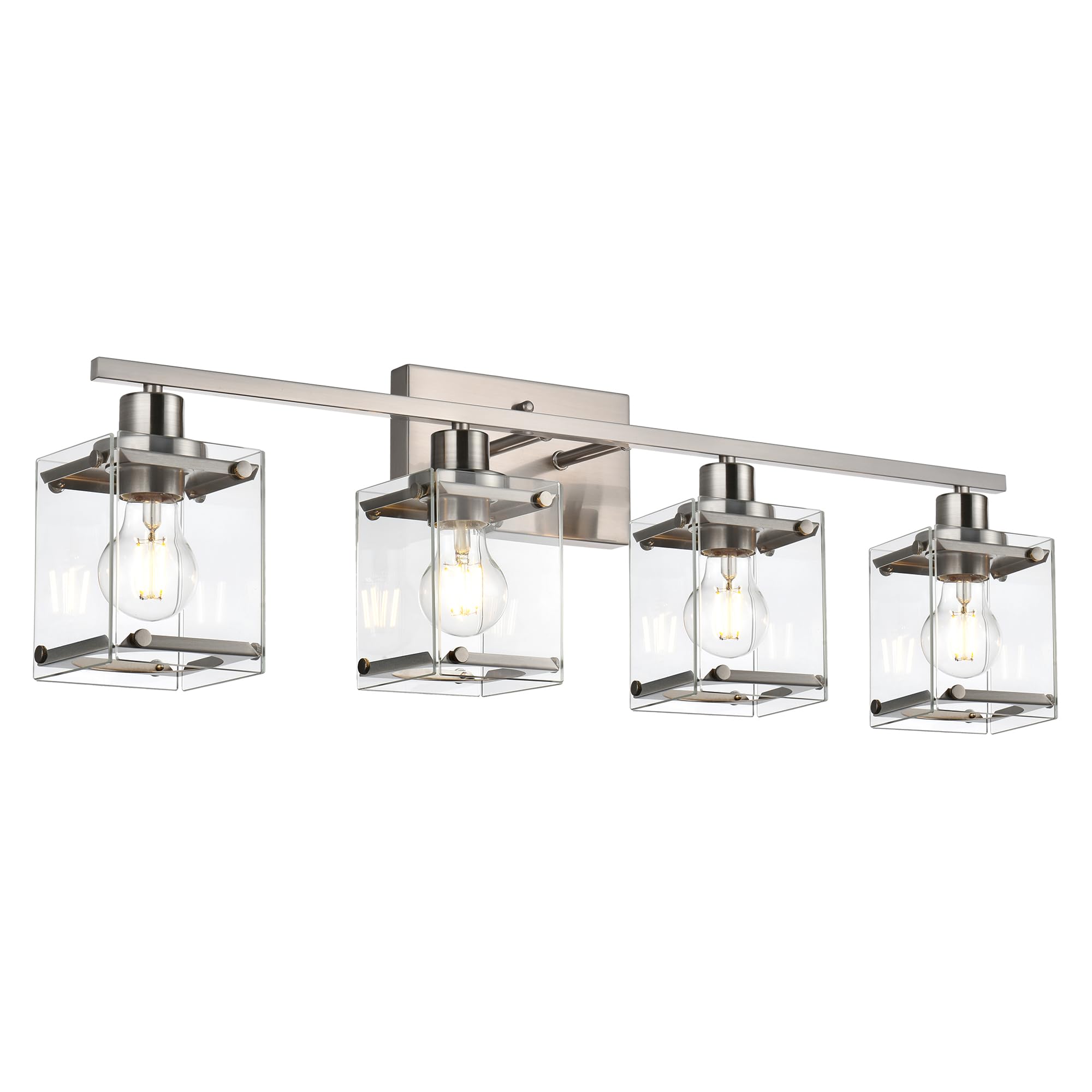 MELUCEE Modern Vanity Light Fixtures, 4-Light Brushed Nickel Bathroom Vanity Lights Over Mirror, Farmhouse Wall Sconce with Rectangular Clear Glass Shades for Bathroom Vanity Table Living Room