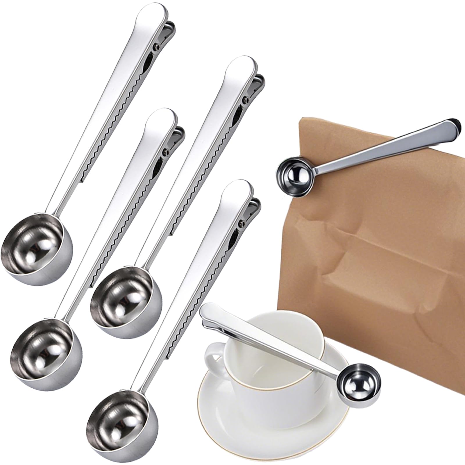 Muiltvoe 4 PCS Coffee Scoop with Bag Clip Multifunctional Coffee Scoop Stainless Steel Kitchen Tools for Measuring Sealing for Coffee Beans Milk Powder Tea Oatmeal