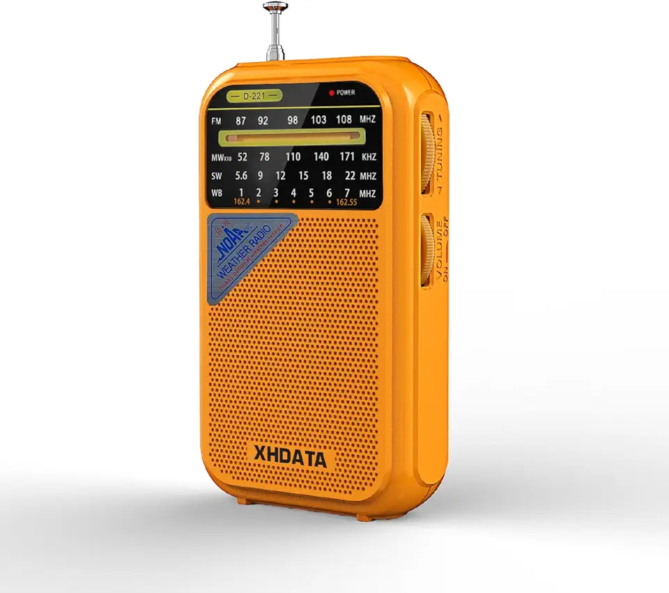 XHDATA Rádio meteorológico D221 NOAA portátil AM FM receptor de rádio de ondas curtas, 2 pilhas AA, rádio transistor com excelente recepção para emergência, furacão, presente, caminhada e casa