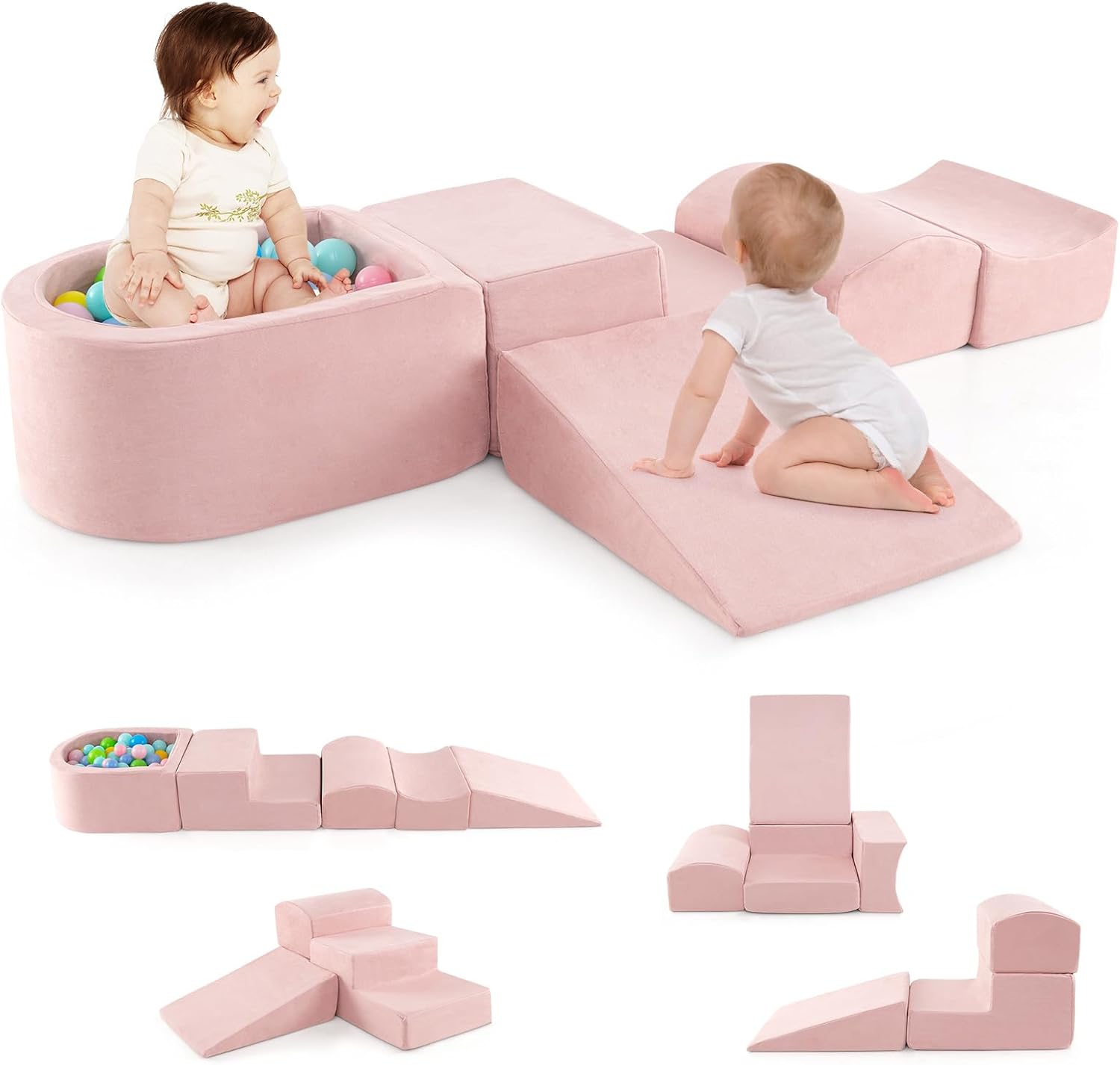 HONEY JOY Toddler Climbing Toys Indoor, 5-Piece Soft Foam Climbing Blocks w/Ball Pit, Washable Baby Playtime Playground Set, Modular Structure Gym Equipment, Kids Climb and Crawl Playset, Gift (Pink)
