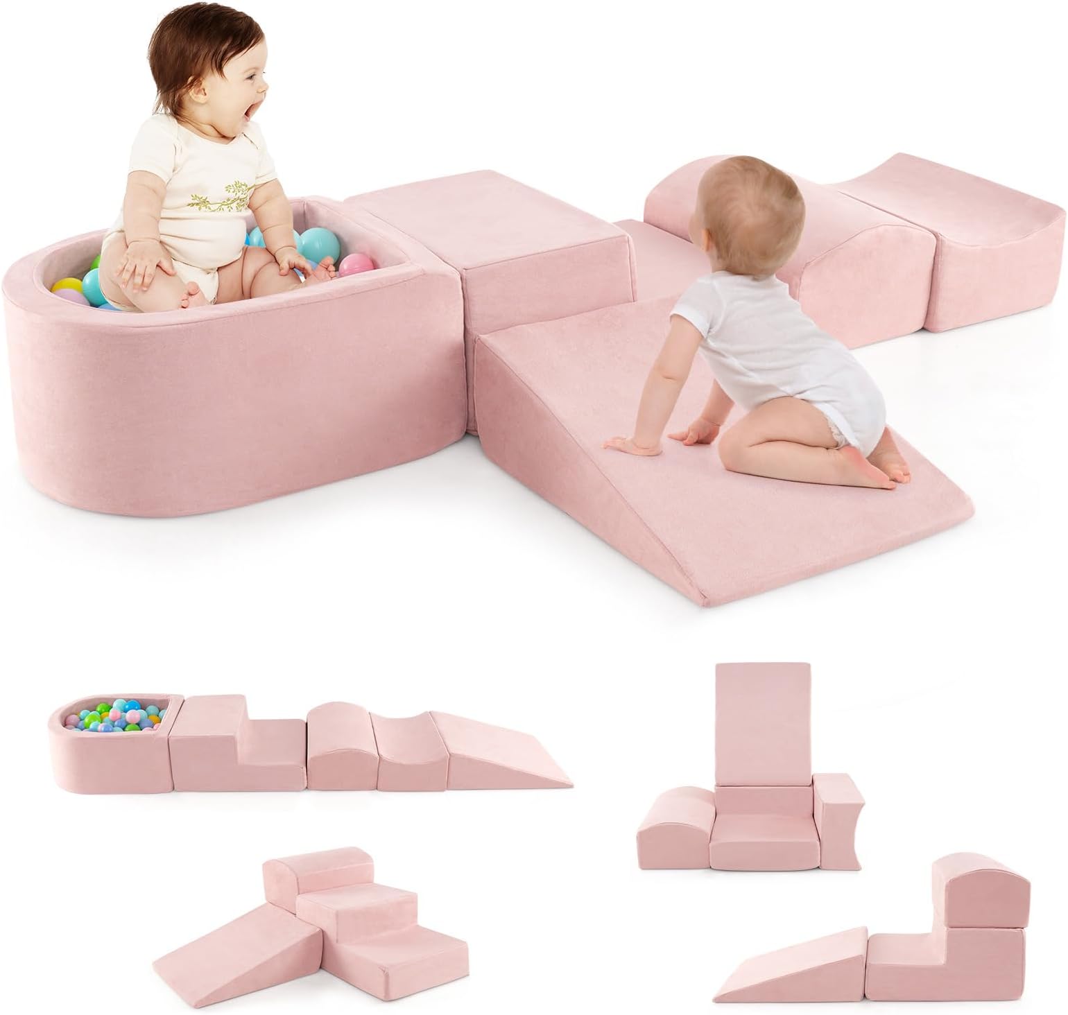 COSTWAY 5-Piece Soft Play Climbing Blocks, Baby Climb and Crawl Playset with Ball Pit, Foam Playground Montessori Toy for Toddlers (Pink)
