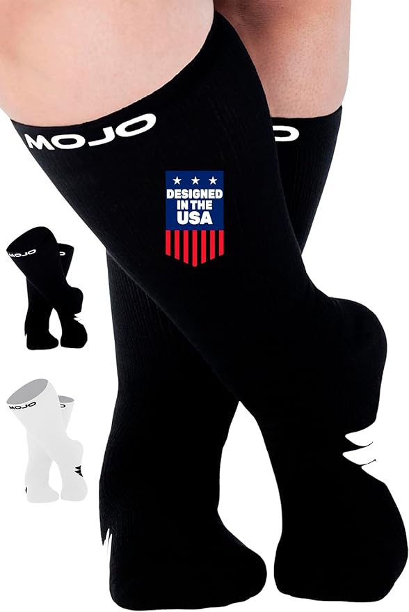 Mojo Compression Socks - Black and White Athletic Crew Length for Medium Support (15-20mmHg) - Available in 8 Sizes for Men and Women - 1 Pair