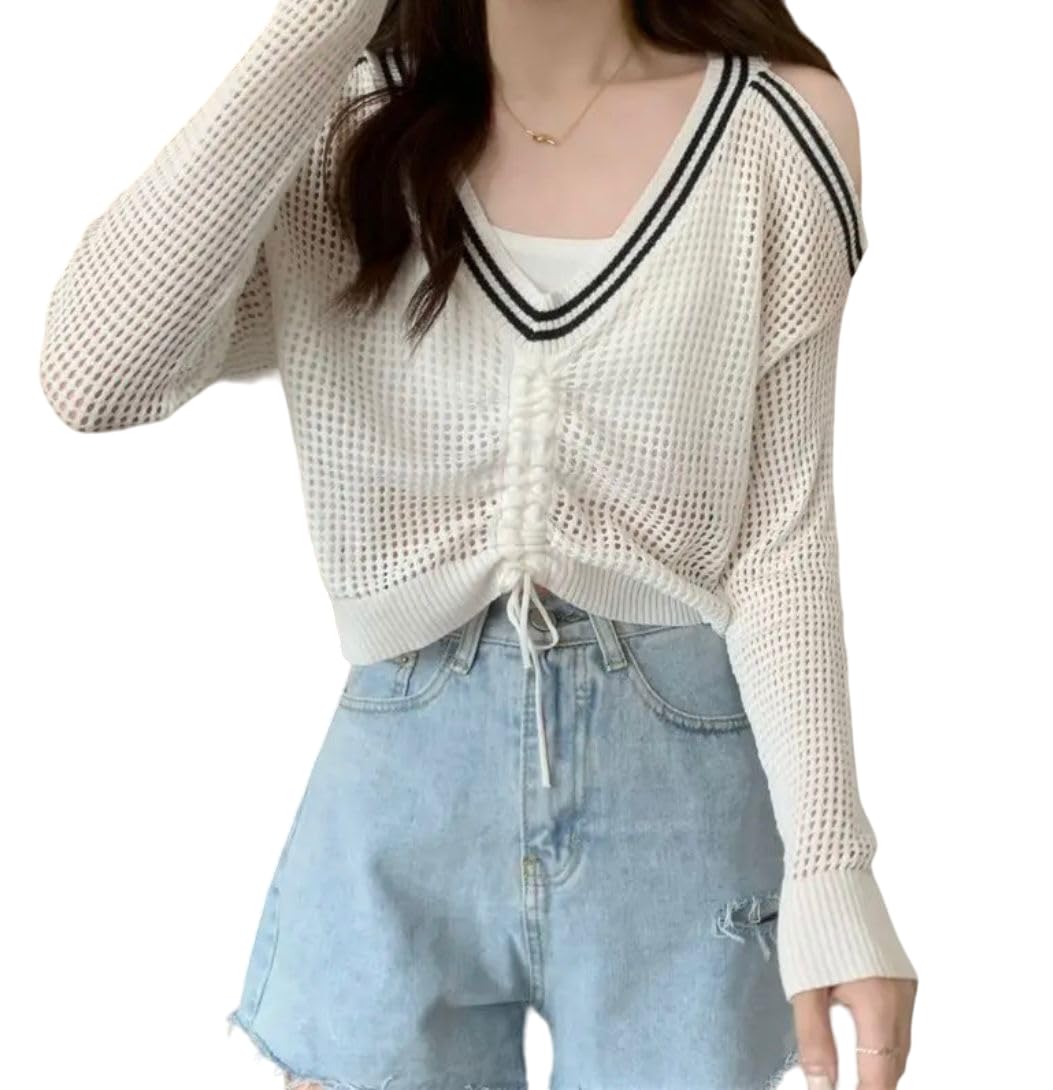 CRAMPLE®Knitted Sunscreen Shirt Women Thin Autumn Long Sleeved V Neck Drawcord Hollow-Out Design Short Suspenders Sweater Drop Shipping-picture-16