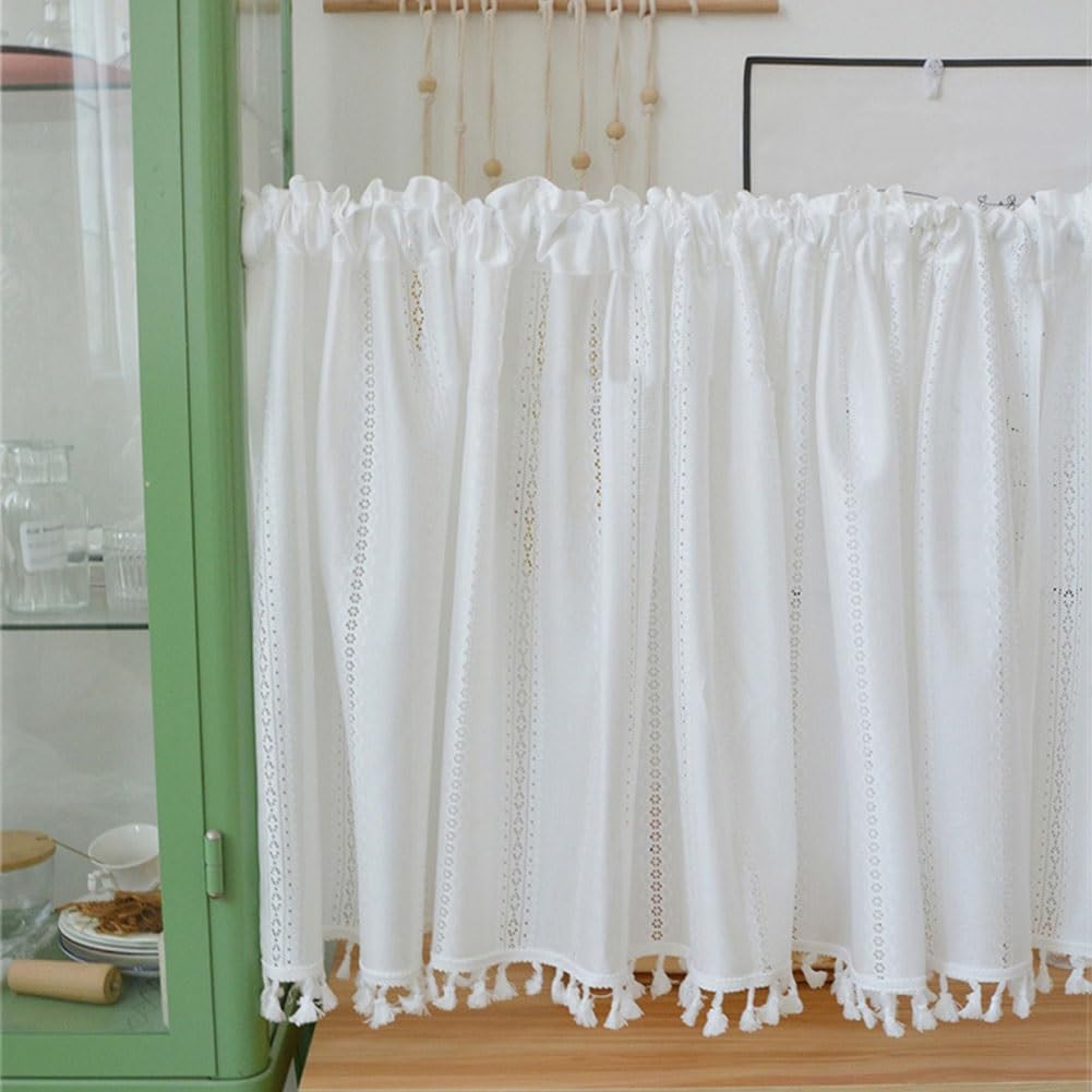 Schrankvorhang Cafe Gardinen, Vorhang, Bauernhaus-Volant for Fenster, französische Blumen, hohl, gestreift, Halbfenstervorhänge, halbdurchsichtiger Voile, weißer Vorhang-Volant mit Quaste(100x45cm/39x