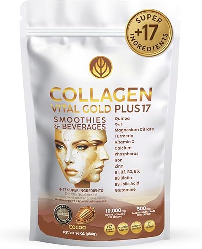 Vital Life, polvo de péptidos de colágeno + 17 súper ingredientes, 1 libra, sabor a cacao, apoya el cabello, la piel, las uñas, los huesos, las