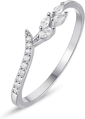 925 Sterling Silver Rings Plated Leaf Ring Classic Cubic Zirconia Stackable Wedding Band with Clear CZ Stones Dainty Diamond Rings Statement Eternity Rings for Women Ring Size 5
