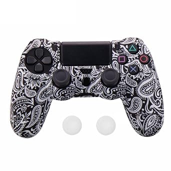 Water Transfer Printing Camouflage Silicone Cover Skin Case for Sony PS4/slim/Pro Dualshock 4 Controller with Thumb Grips x 2 White Leaves