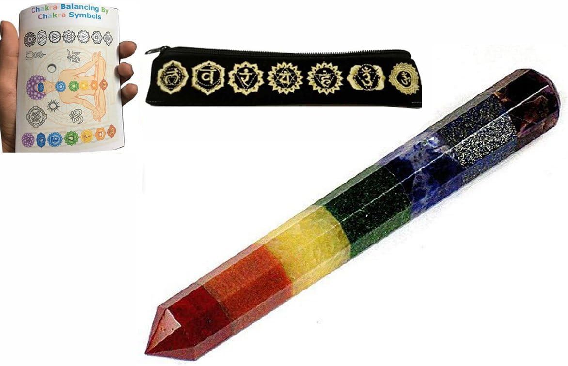 Vaibhav Jewellers Free 20 Page Chakra Booklet with Chakra Massage Wand with Heart Chakra Pouch 7 Chakra Stones Faceted Crystal Healing Wand ~ 5"- 6" Long by V Jewels