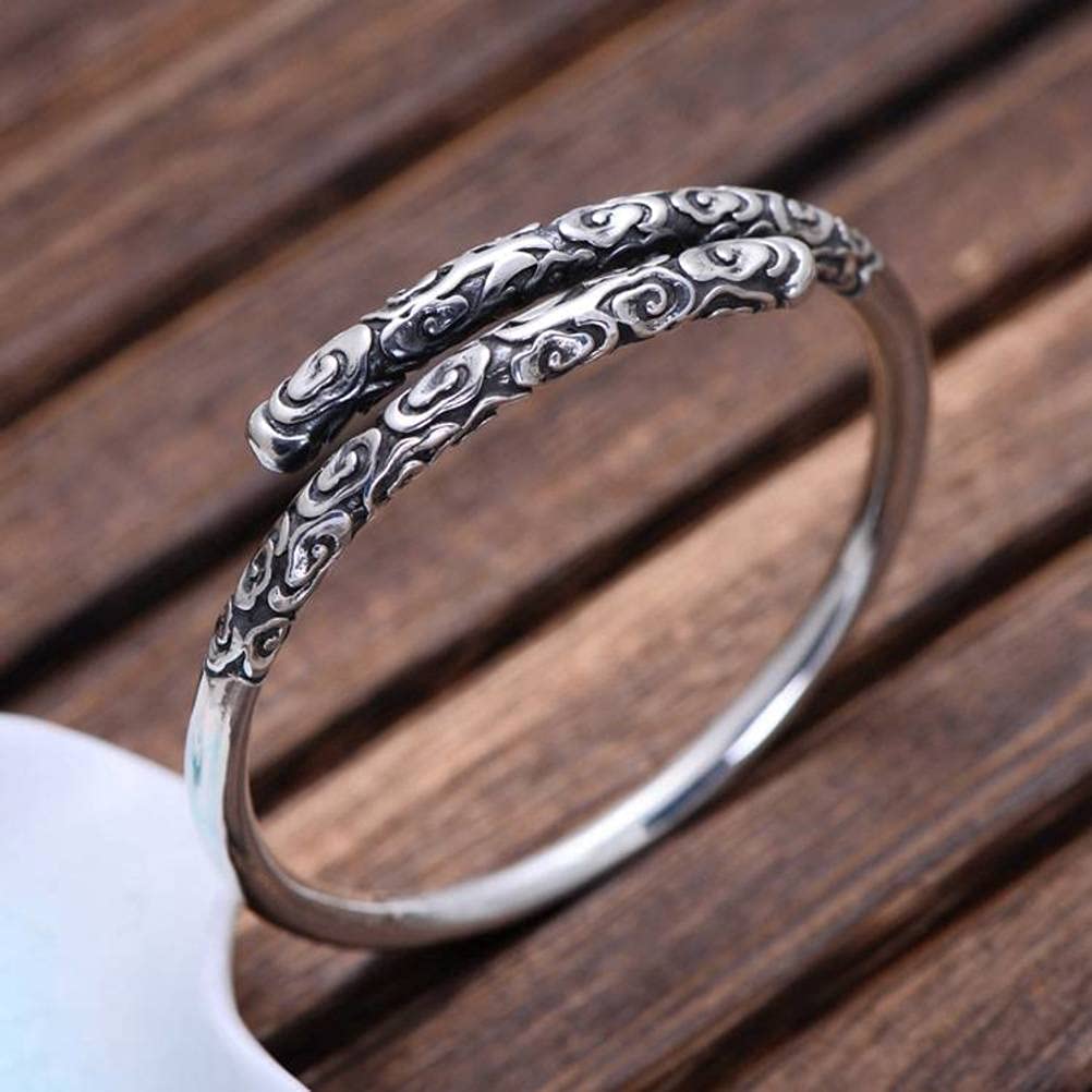Bracciale Retrò Bracciale Rigido in Argento Sterling 990 Bracciale a Cerchio D'Oro con Desiderio Goffrato RetròNero