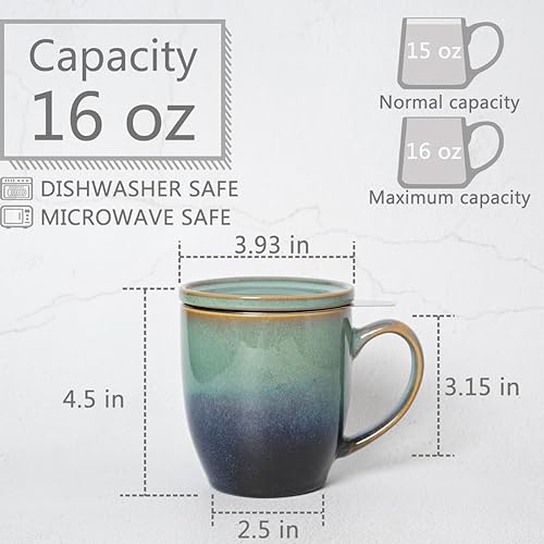 Miniatura 2 de Bosmarlin Taza de té de cerámica con infusor y tapa, 16 onzas, 3 colores para elegir, apta para lavavajillas y microondas, esmalte reactivo, taza de