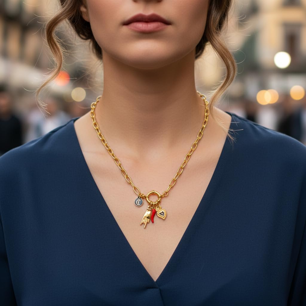 Collier Vabbe Femme Chaîne Maillon, Corne, Mano Cornuto, Cœur Sacré en acier