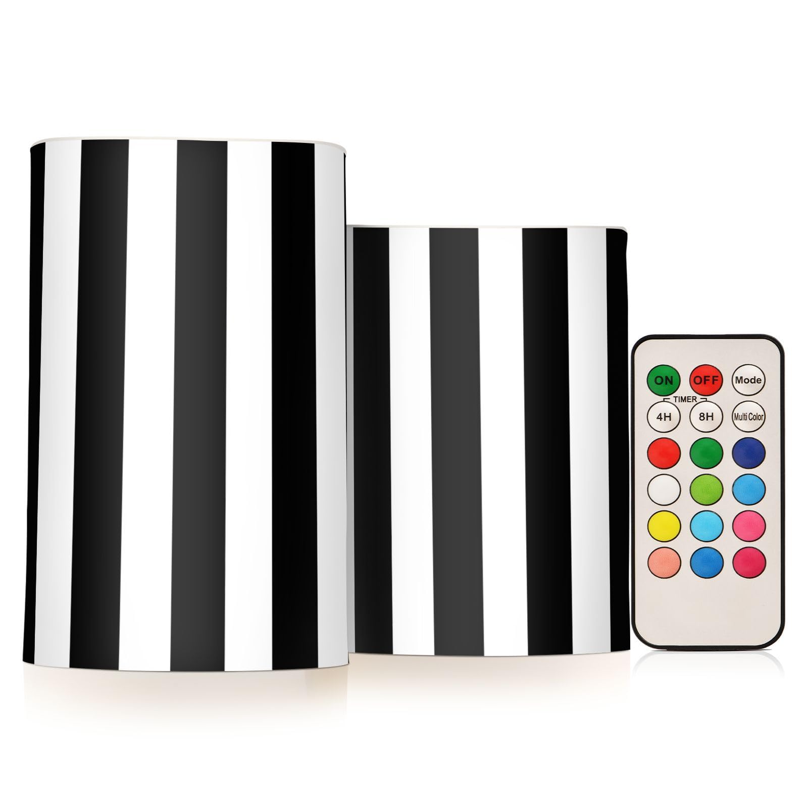 Mnsruu Flameless Candles White Black Stripe LED Candles Flickering with Remote Timer Battery Operated Candles Set of 2 Home Wedding Decoration