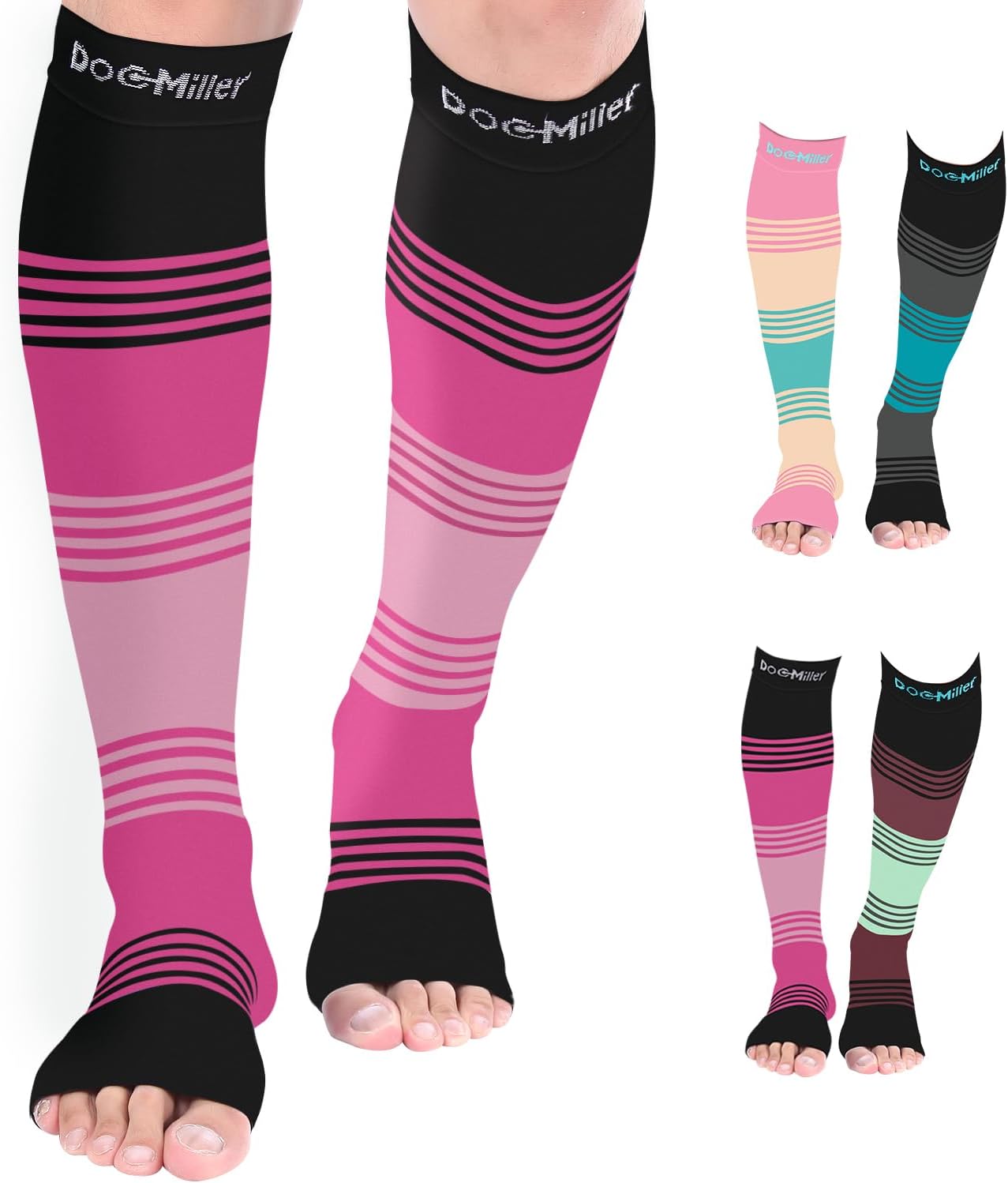 Doc Miller Open Toe Compression Socks for Men & Women – Lightweight 15-20 mmHg Toeless Calf Sleeves, Knee High Support Hose for Everyday Wear, Sports, Travel, Pregnancy, 1 Pair