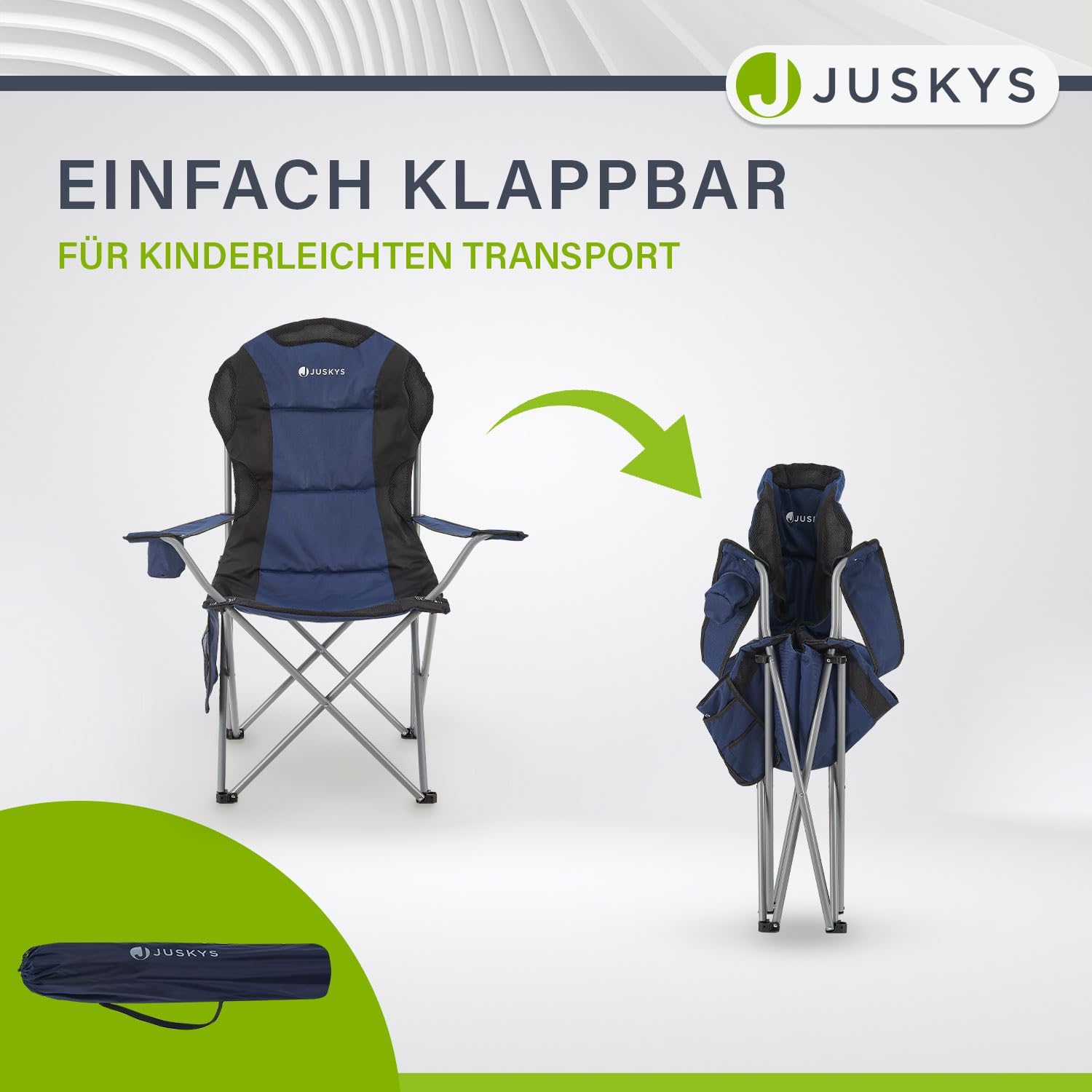 Juskys® Campingstuhl Lido faltbar inkl. Getränkehalter, Seitentasche & Tragetasche - Camping Klappstuhl gepolstert mit Armlehne & Rückenlehne - 4 Farben