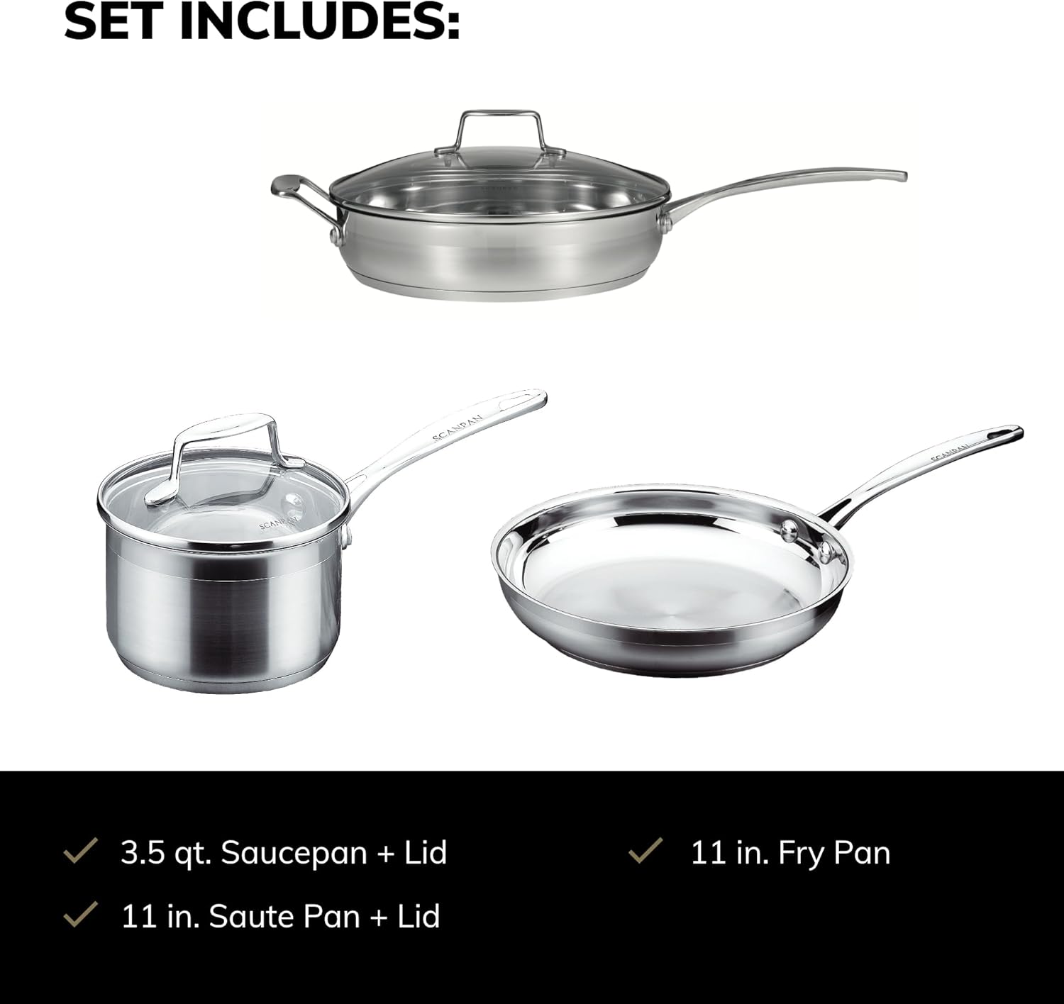 SCANPAN Impact 5-Piece Cookware Set - Includes 3 Total Pieces + 2 Lids - Made of Durable 18/10 Stainless Steel - Dishwasher & Oven Safe