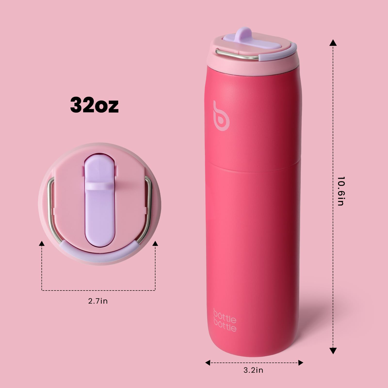BOTTLE BOTTLE Stainless Steel Water Bottle with Straw Lid and Handle 32 oz Vacuum Insulated Water Bottle for Sports Travel Gym Hiking, Leak-Proof Wide Mouth Water Bottles for Men and Women,Pink Sunset
