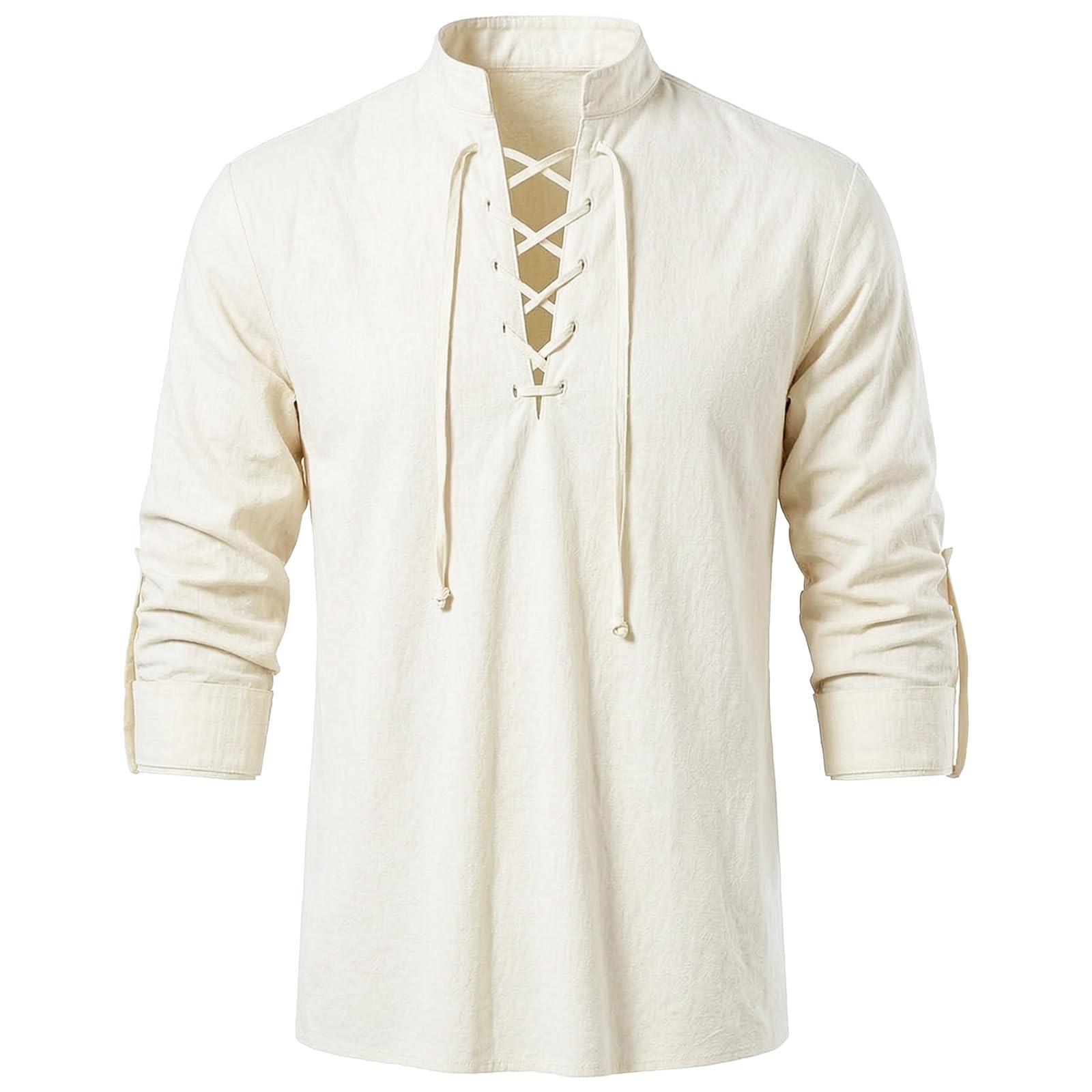 FJKVKDT Men's Medieval Renaissance Shirt, Lace Up V Neck Long Sleeve Pirate Shirt, Stand Collar Gothic Viking Casual Shirt for Cosplay Halloween LARP (Beige, L)