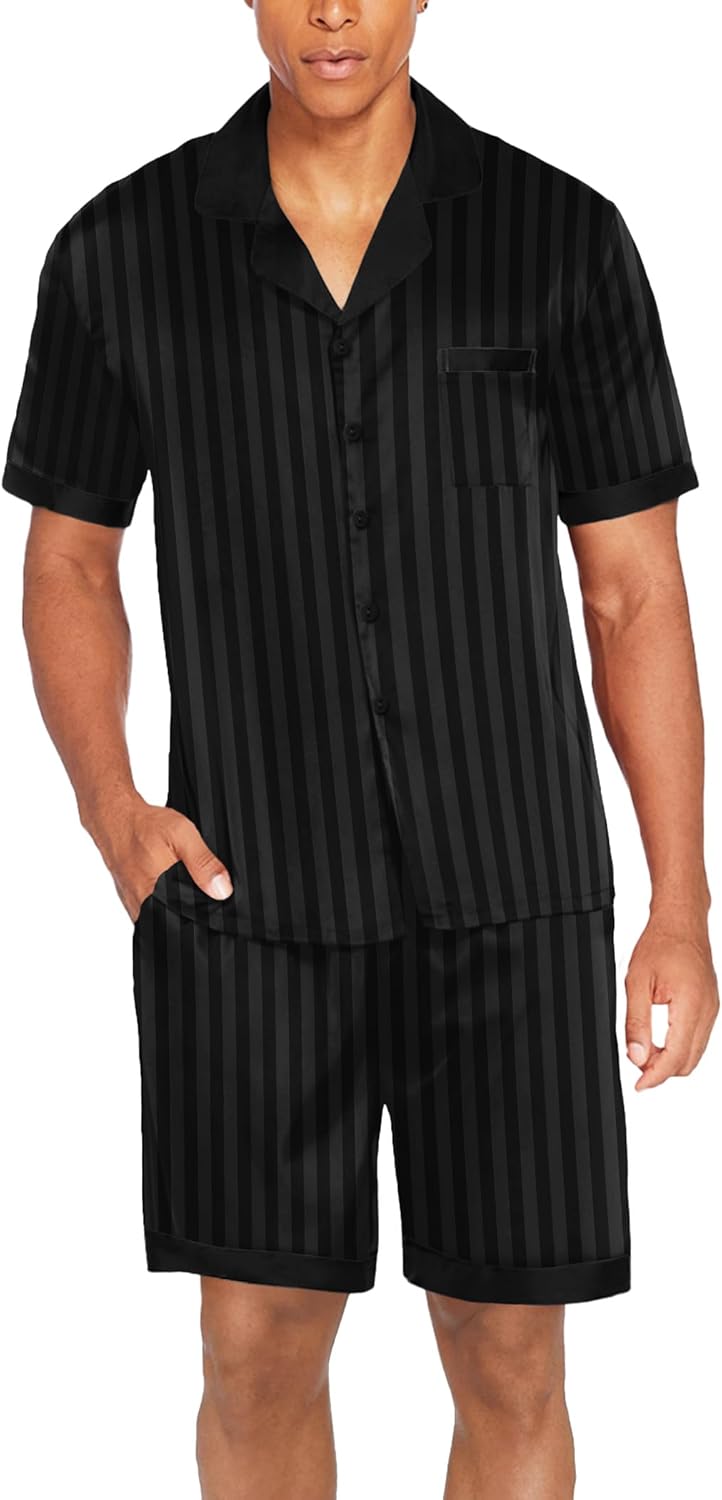 Ekouaer Men Satin Silk Pajamas Set with Pockets Sleepwear Shorts Satin Summer Loungewear 2 Piece Button Down Set S-3XL - Image 9