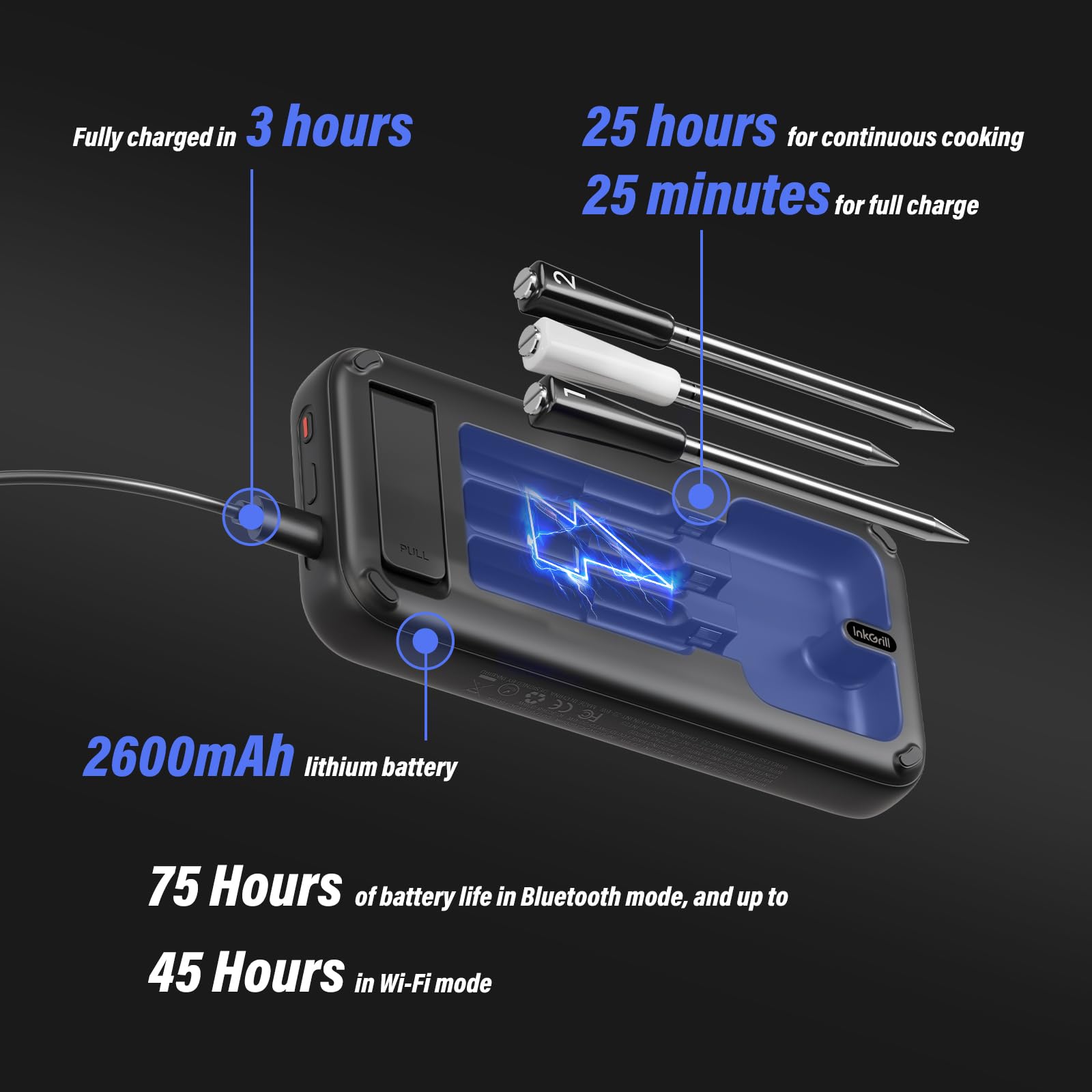 Termómetro inalámbrico para carne con WiFi 5G y Bluetooth 5.4, 3 sondas, 5 sensores, termómetro inteligente para carne con calibración en tiempo real AI, datos fuera de línea de 120 minutos