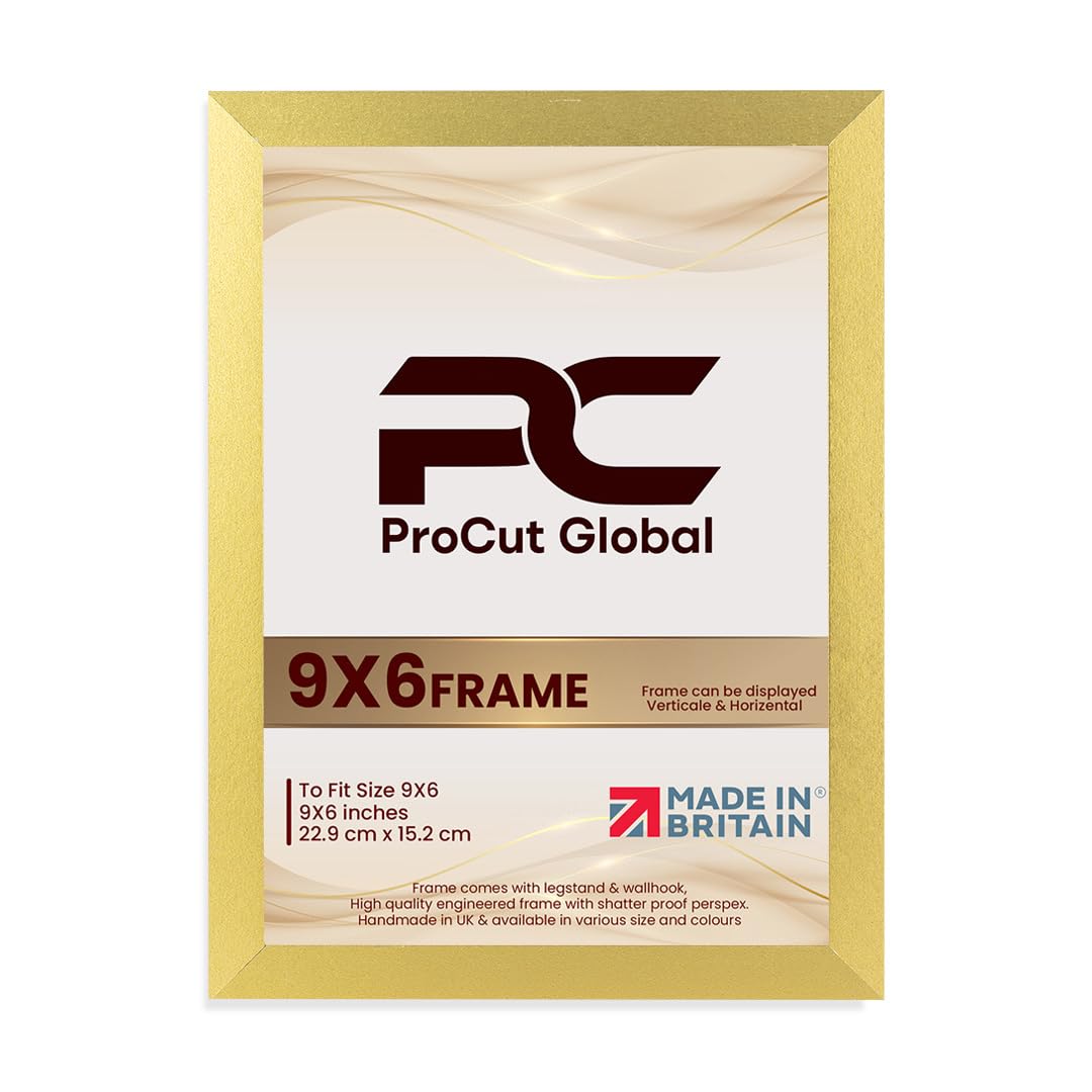 Procut Global 9X6 Gold Picture Frames – Sleek Wooden Photo Frame with Shatterproof Perspex for Wall or Tabletop – Perfect for Posters, Certificates, Prints–Multiple Sizes & Colors Available