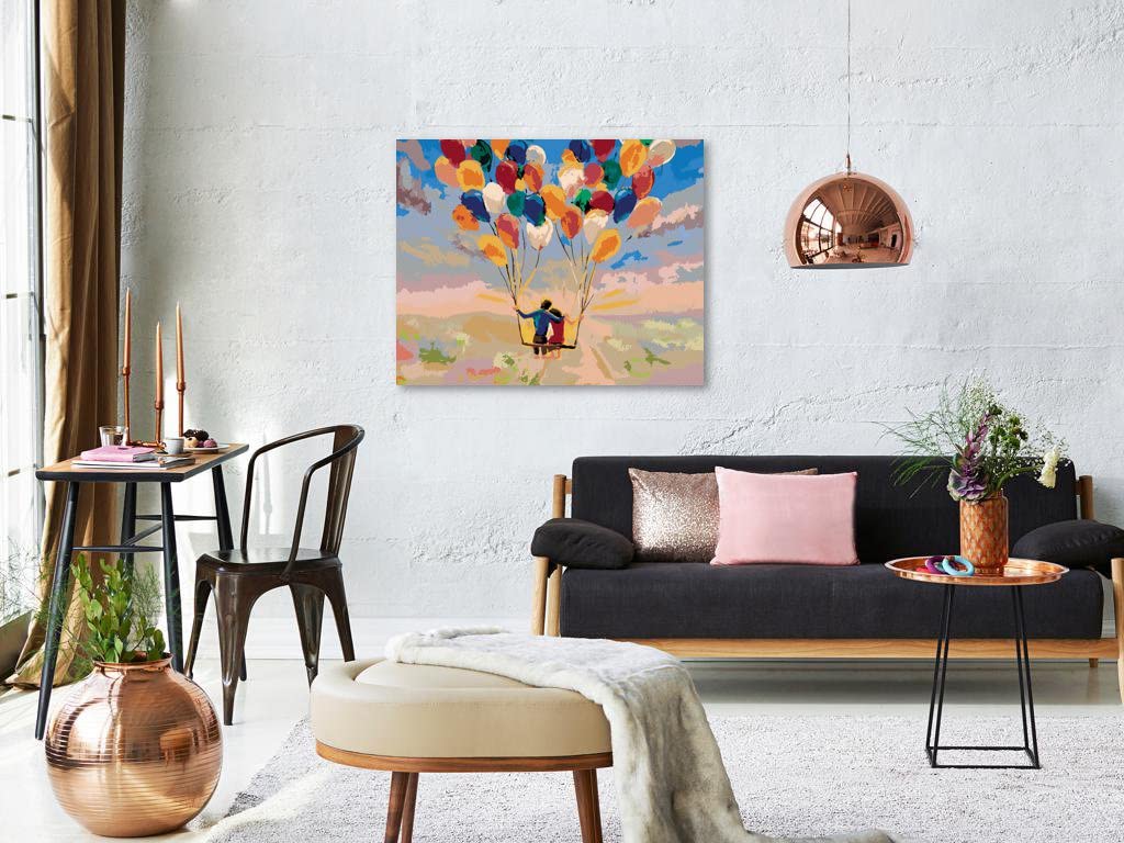Malowanie według liczb - Latająca para z balonami powietrznymi 80 x 100 cm z blejtramem (już napięty)