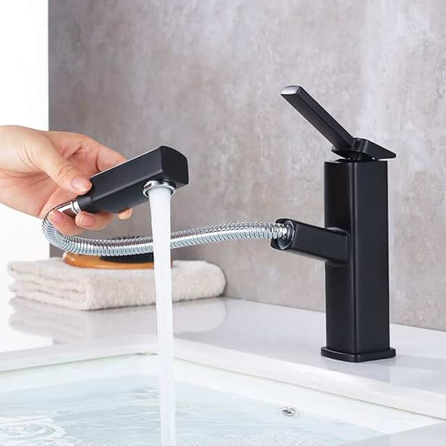 KAIYING Bathroom Sink Faucet with Pull Out Sprayer, Single Handle Basin Mixer Tap for Hot and Cold Water, Lavatory Pull Do...