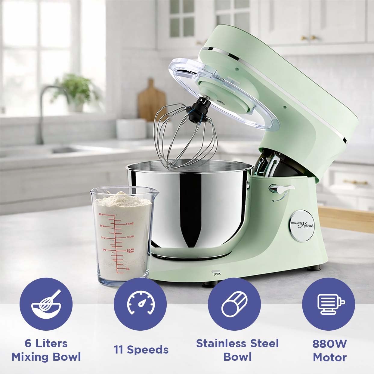 Magnavox Home, 6.3 qt Digital Touchscreen Stand Mixer, 11 Speeds, Green