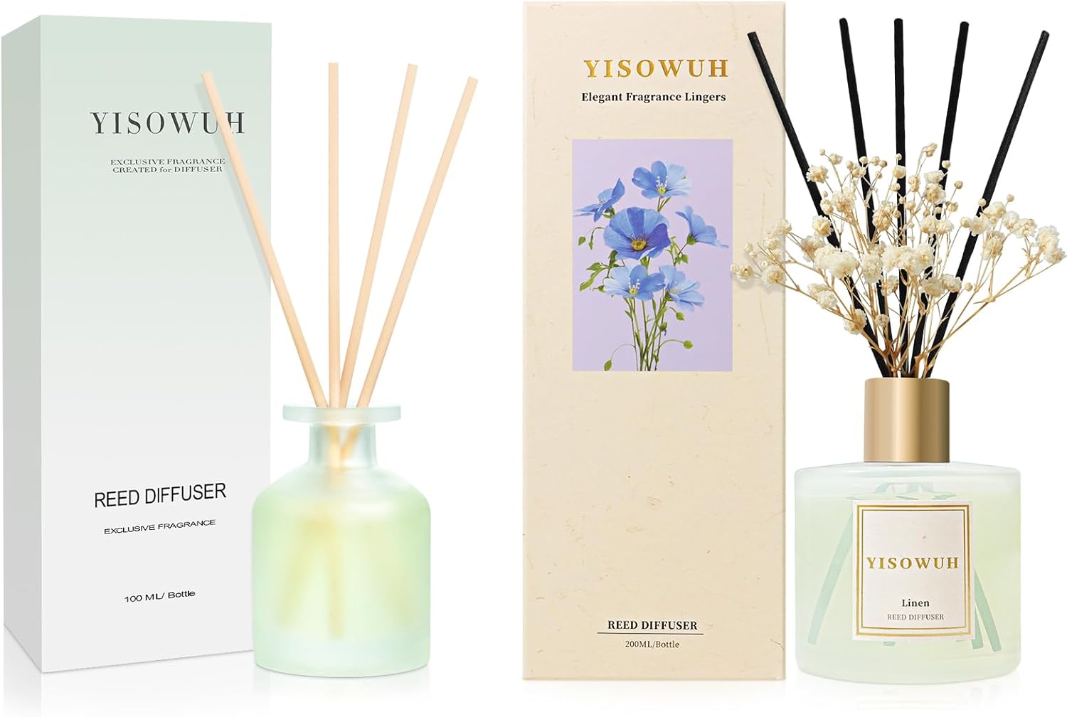 Reed Diffuser Set 2 Pack - Clean Linen Scent (100ml + 200ml), Reed Diffusers for Home with Reed Sticks Decor, Long-Lasting Fragrance for Bathroom, Living Room, Gifts.