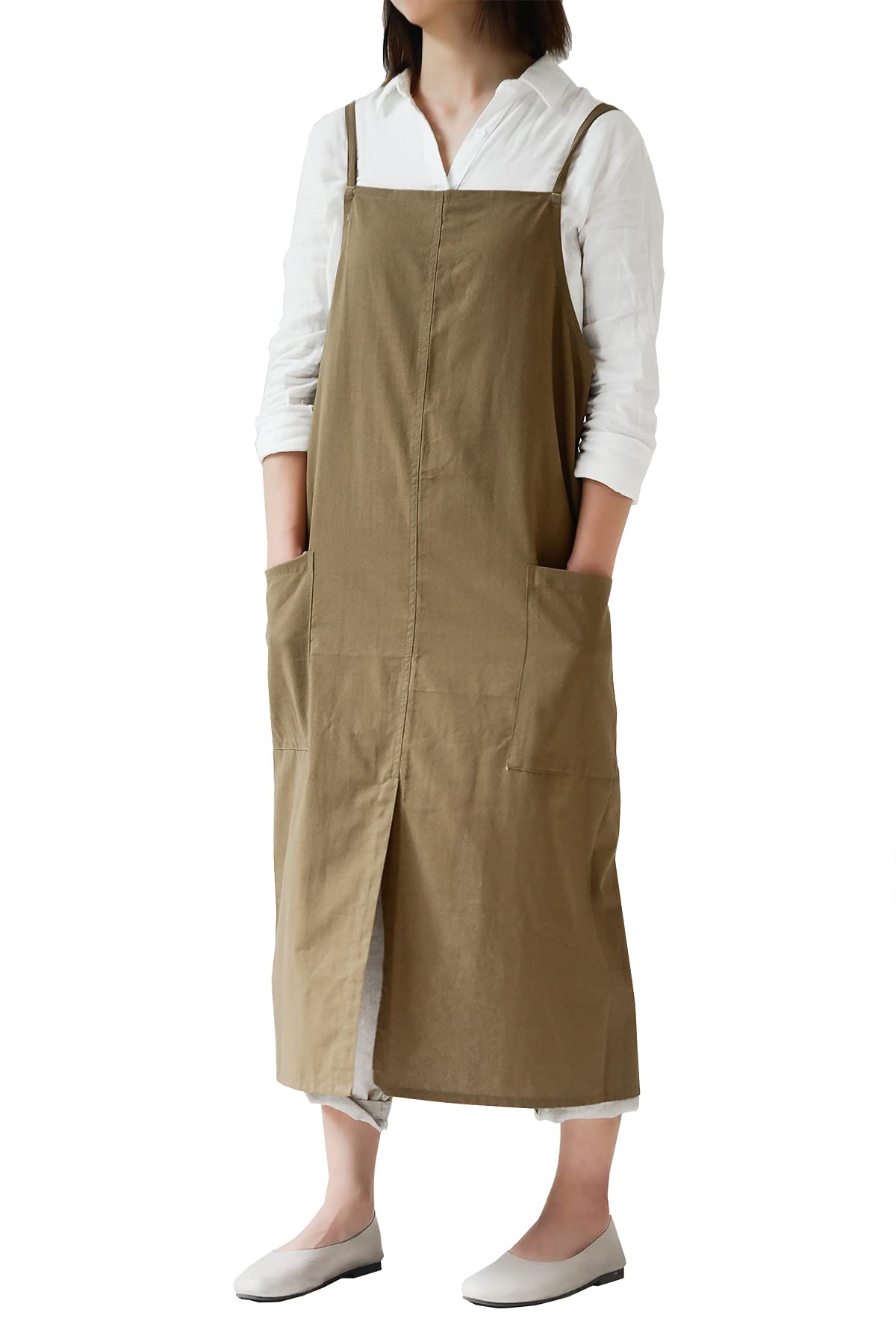 Cotton Long Square Cross Back Aprons Solid Color Cook Kitchen Garden Adjustable Tie Smock with Pockets