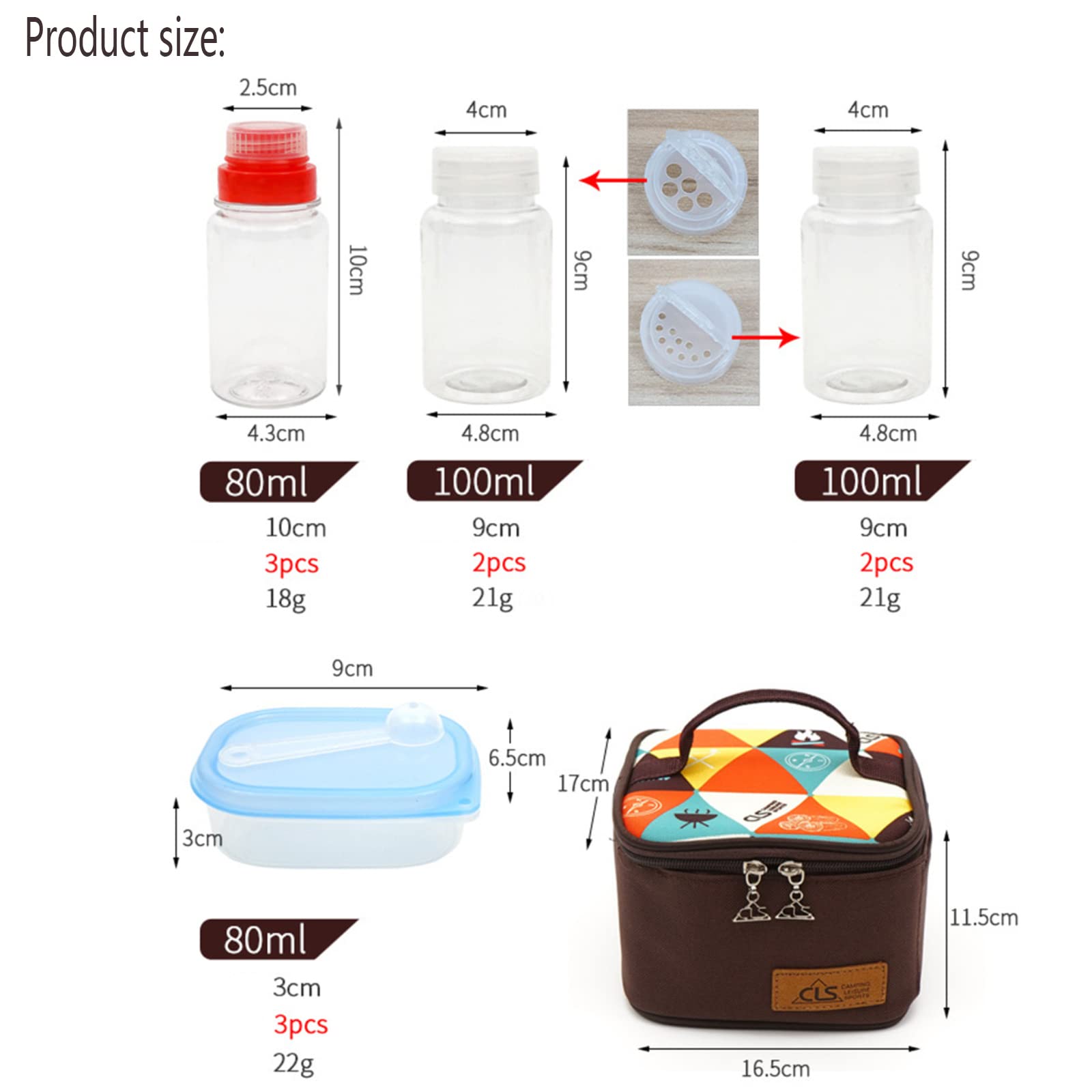 Joyeee Kit de recipientes de especias de viaje, 3 botellas de especias líquidas, 3 botellas de salsa, 4 cajas de especias con cuchara pequeña, bolsa de almacenamiento para camping barbacoa