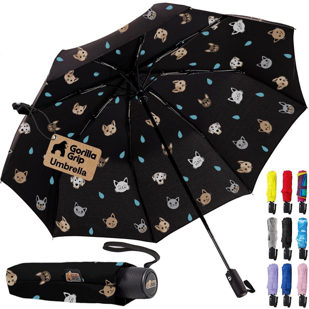 GORILLA GRIP Compact Travel Size Umbrella for Rain, Cats and Dogs