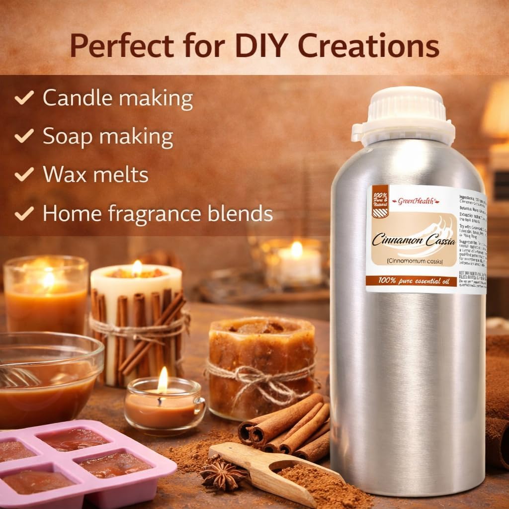GreenHealth Cinnamon Essential Oil (Cassia) - 32 fl oz - 100% Pure Cinnamon Cassia Essential Oil - Aluminum Bottle - Aromatherapy Oil for Diffuser, Candle Making, Soap Making, DIY Blends
