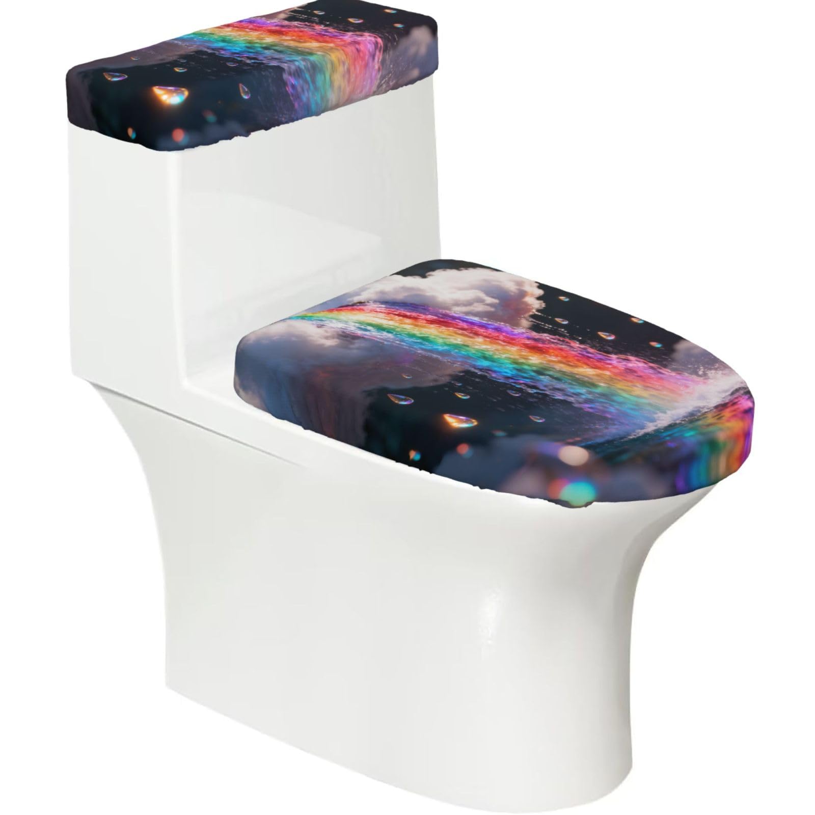 Cntdbu Black Rainbow Waterfall Elastic Toilet Cover Set Of 2-Stretchy Lid And Tank Covers For Bathroom, Soft Washable U Shape Toilet Decor