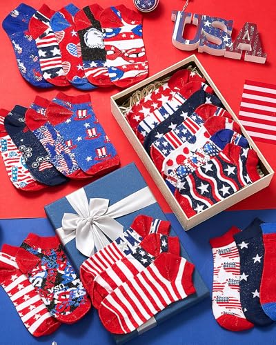 Shinymoon 72 Pairs Patriotic Socks Bulk 4th of July Gifts for Women Men American Flag Ankle Socks Funny Star Striped 4th of July Independence Day Military Veteran Gifts4