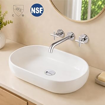 Midanya Wall Mount Bathroom Faucet 3 Hole 2 Cross Handle,Polish Chrome | SUS304 Stainless Steel,Rough-in Valve Included,360° Swivel Spout,for Bathroom Sink,Vanity