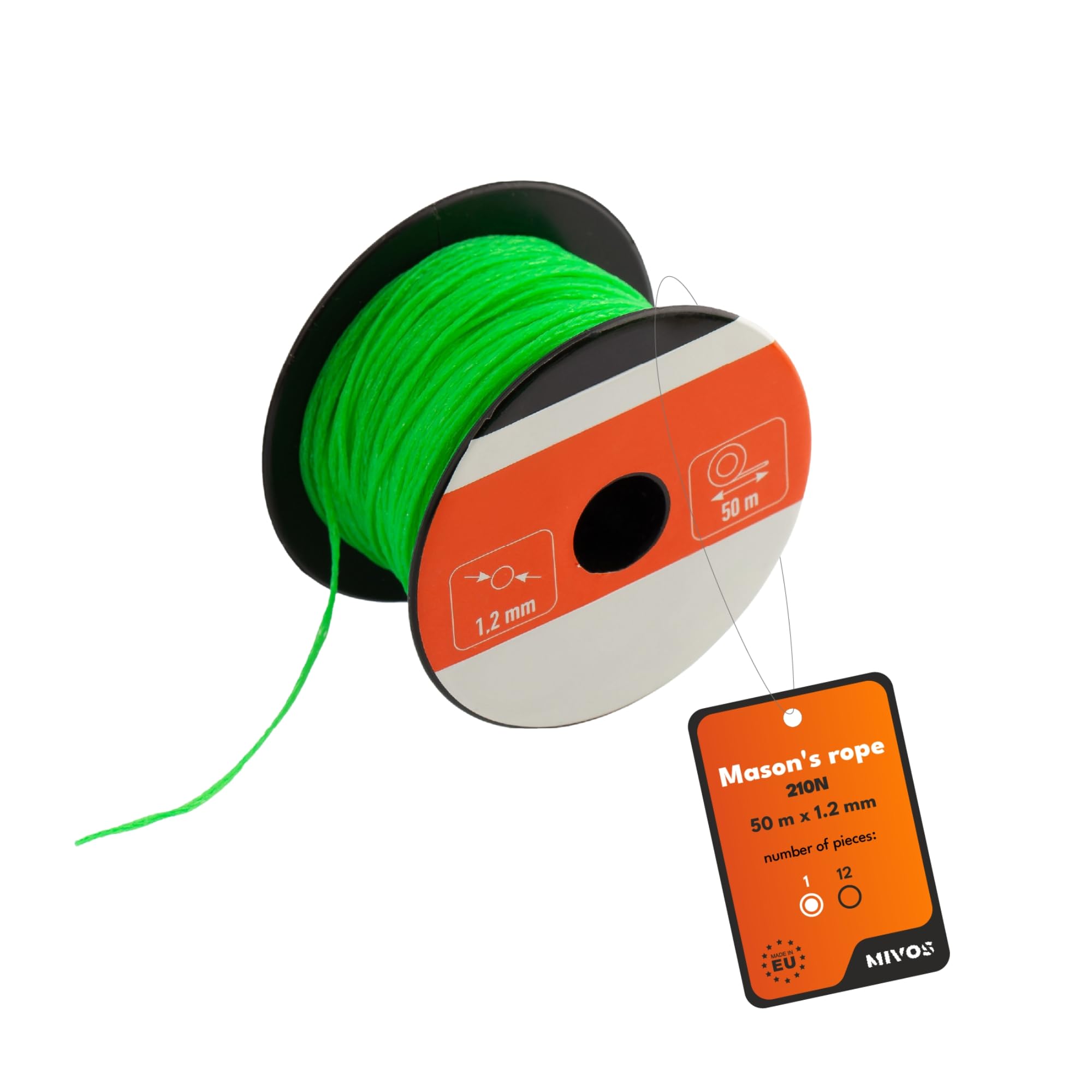 MIVOS Wall rope, Masonry cord 50 m, thickness 1,2 mm, Levelling cord in green, Construction cord, Lead line, Durable