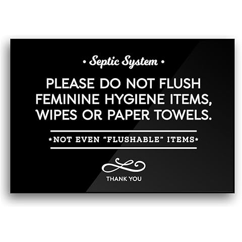 Reilly Originals 3.5x5 Inch Septic System Bathroom Sign, Do Not Flush Feminine Hygiene Items, Wipes, Paper Towels ~ Ready to Stick ~ Premium Finish, Durable (Black)