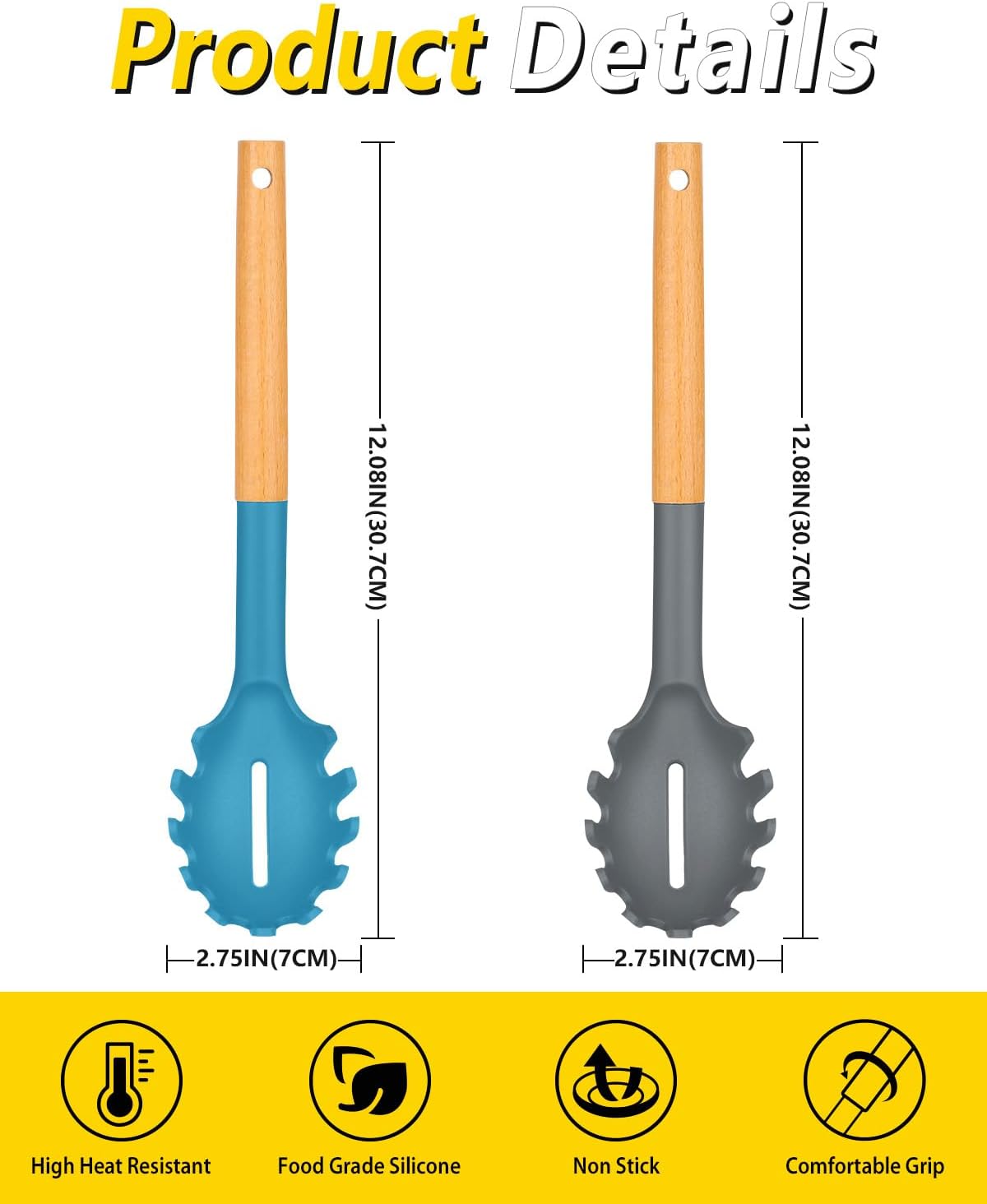 Silicone Pasta Fork, Pasta Spoon Server with Wooden Handle, 2 Pack