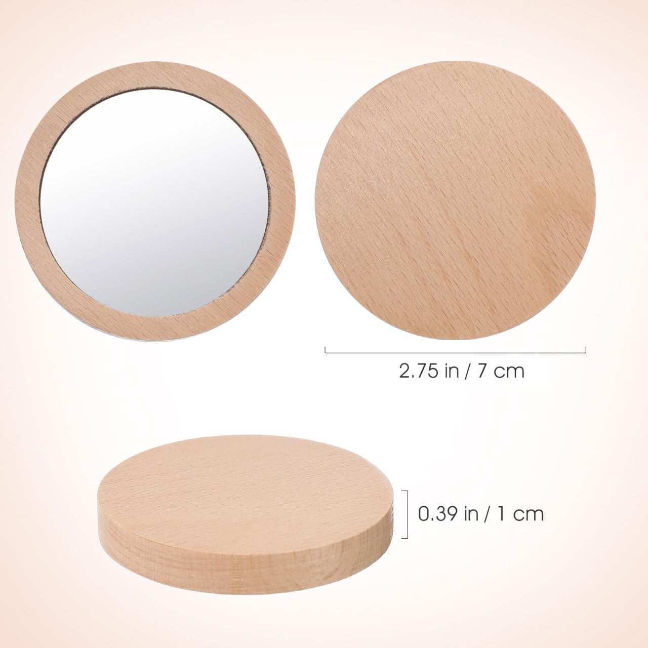 Confezione da 2 piccoli specchietti tascabili in legno, rotondi, compatti, portatili, per borsa da donna da 6 5 cm e 7 5 cm, ideale per bambini e bambini