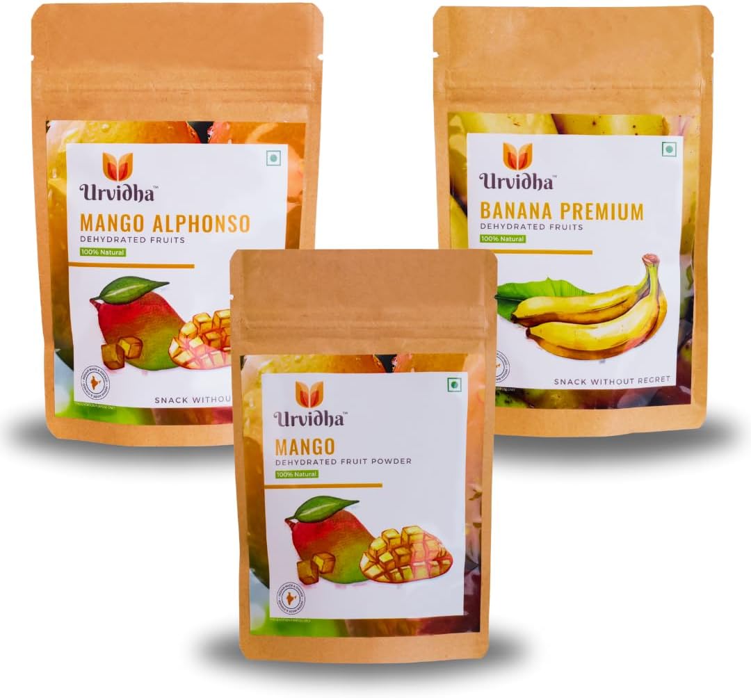 Urvidha Tropical Fruit Combo Pack of 3 (50g Each) | Dehydrated Mango Slices, Banana Chips & Mango Powder | Pure & Natural, Rich in Fiber |Healthy Long Shelf Life | No Added Sugar, Unsulfured