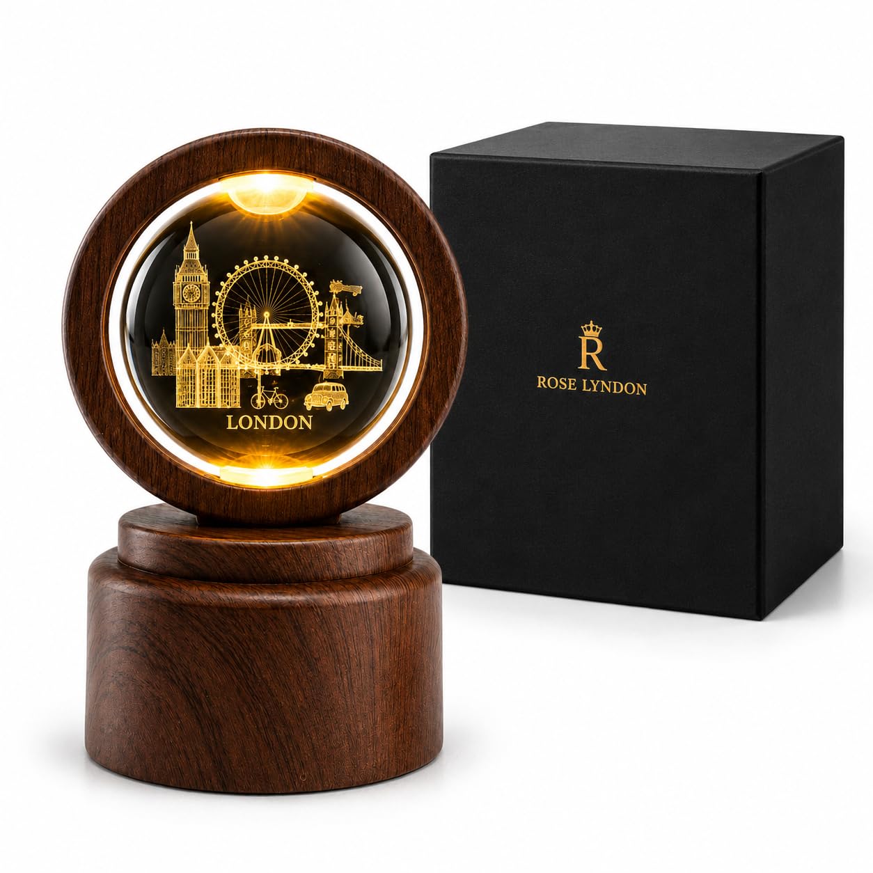 Rose Lyndon London 3D Crystal Ball LED Light – Big Ben, London Eye & Tower Bridge Engraved Crystal Globe Lamp with Lightup Base, USB Powered, Gift Boxed London Souvenir Decor - British Travel Gift