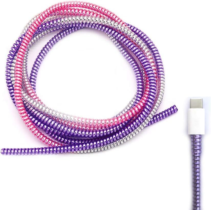 Image of Spiral Cable Protector, 150cm Cord Organizer for iPhone and Android Cables, Headphone and Charger Wire Protection Cover, Universal Device Compatible (Silver-Pink-Purple)