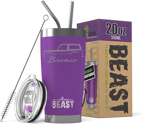 Miniatura 9 de 1966-77 Ford Bronco BEAST Vaso aislado de acero inoxidable de 30 oz con tapa, 2 pajillas, cepillo y caja de regalo, color blanco