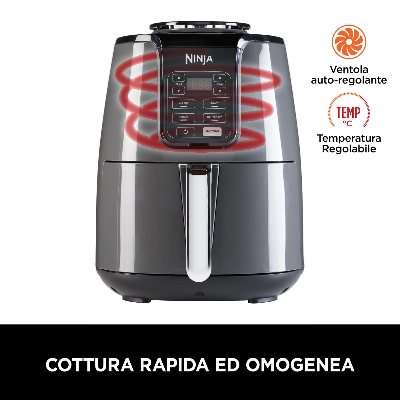 Ninja friggitrice ad aria, 3.8L, 4 in 1, digitale, cottura senza olio, frigge, arrostisce, disidrata, cestello antiaderente lavabile in lavastoviglie, 2-4 portate, grigio/nero, AF100EU