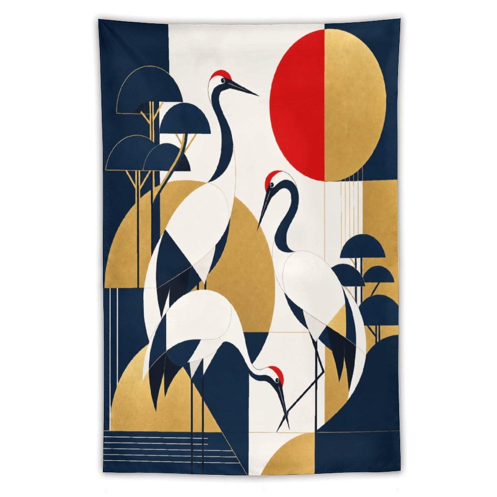 H3B8U2Y5 Art Deco Cranes Wall Tapestry, Ukiyo-e Style, Red Sun