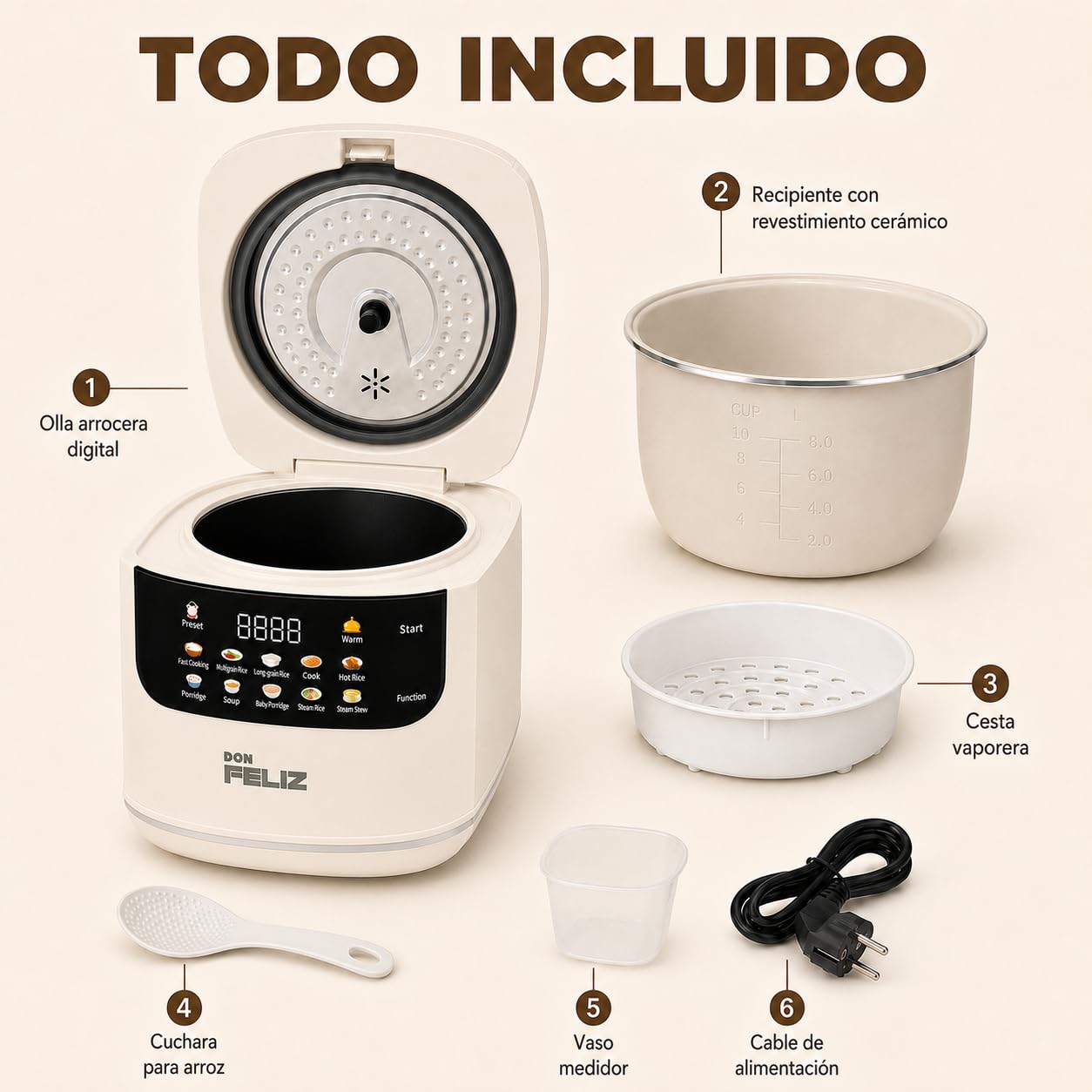 Don Feliz Arrocera Eléctrica 2 L para 1-4 Personas, Olla Arrocera Digital con 10 Programas, Cesta Vaporera, Temporizador 24 h, Mantener Caliente y Recipiente Antiadherente