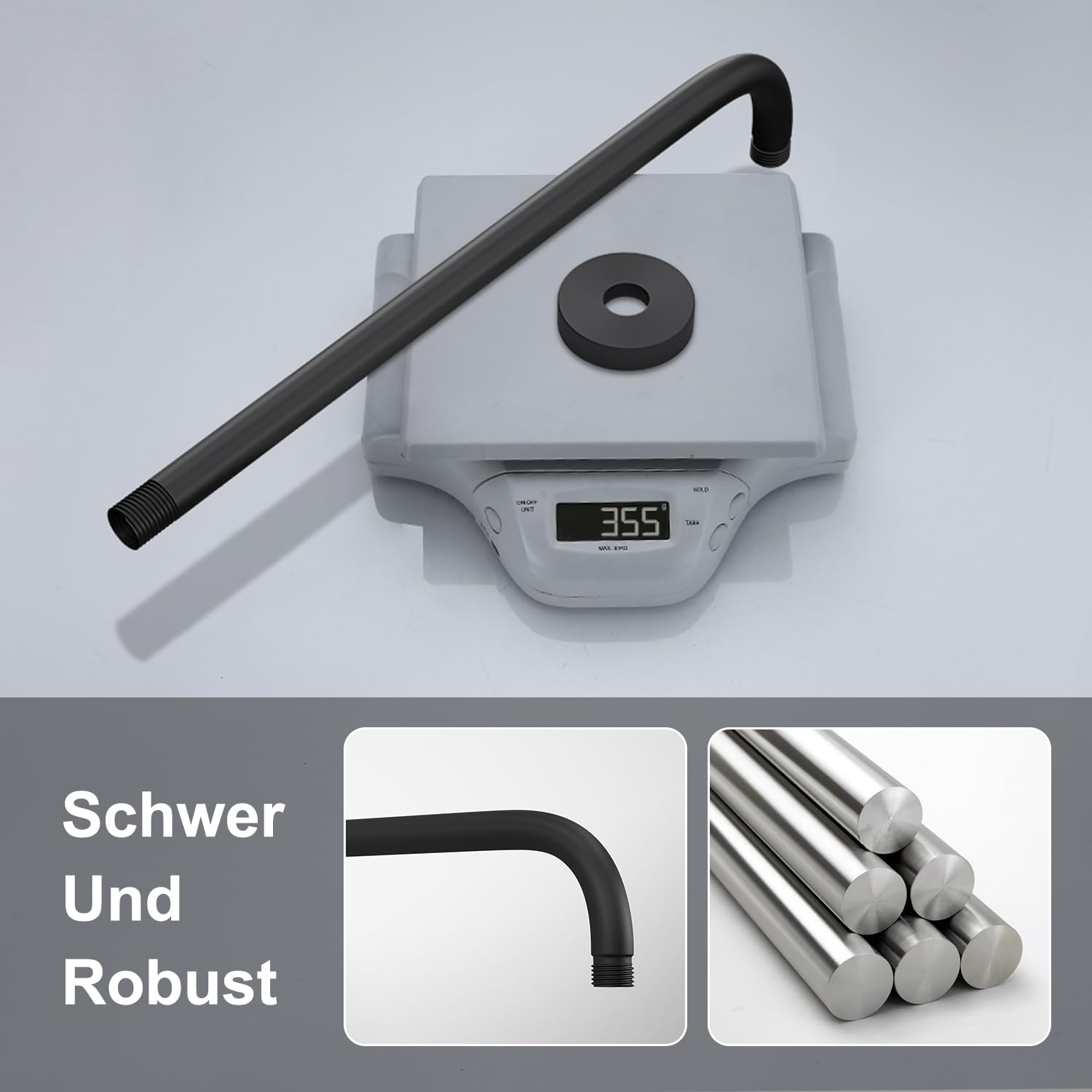 JOHO Bombenfester Brausearm Wandarm Deckenarm Zulaufarm aus Edelstahl 40cm rund schwarz mit Belastung 52kg