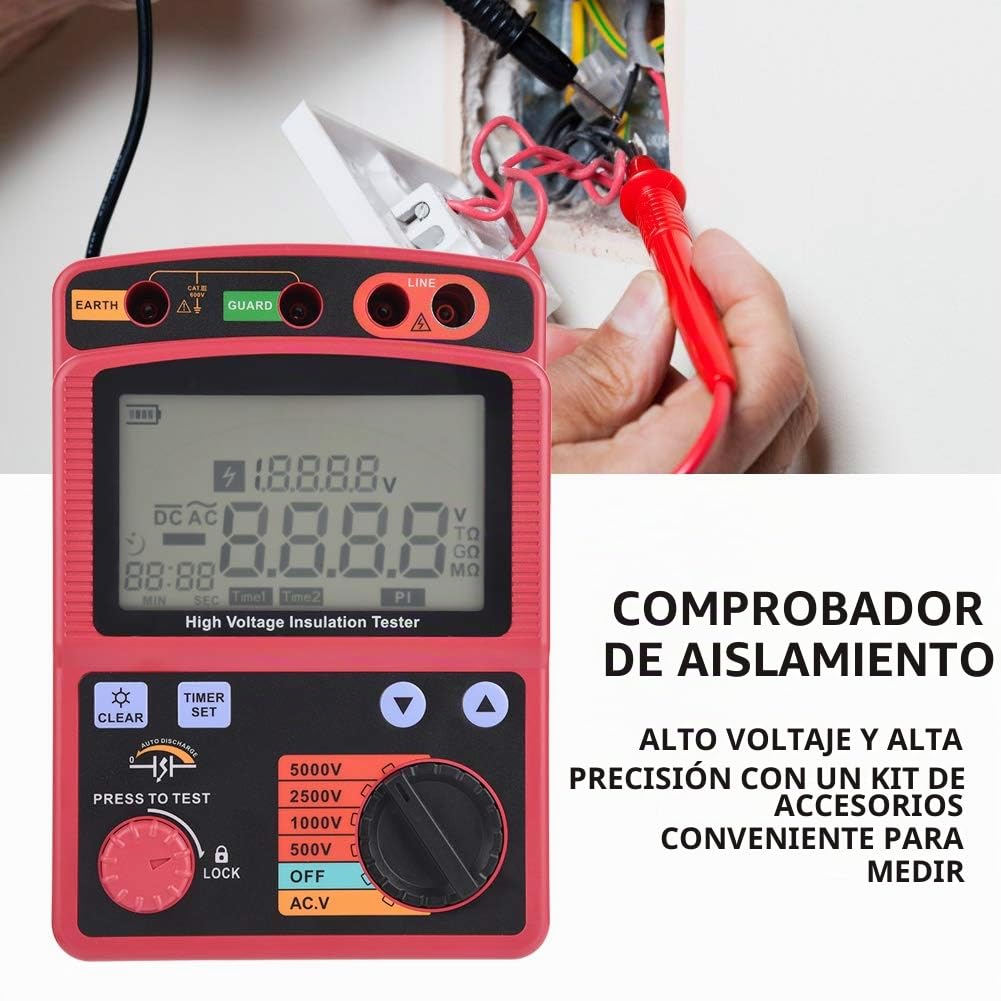 Multímetro megóhmetro portátil de alto voltaje, probador digital de resistencia de aislamiento de 500 V / 1000 V / 2500 V / 5000 V, probador de índice de absorción de polarización, con pantalla de ret