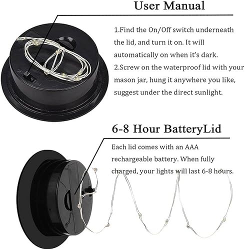 Miniatura 3 de Paquete de 6 luces para tarros de masón, 20 luces LED solares coloridas para jardín, terraza, patio, fiesta, boda, Navidad, iluminación decorativa