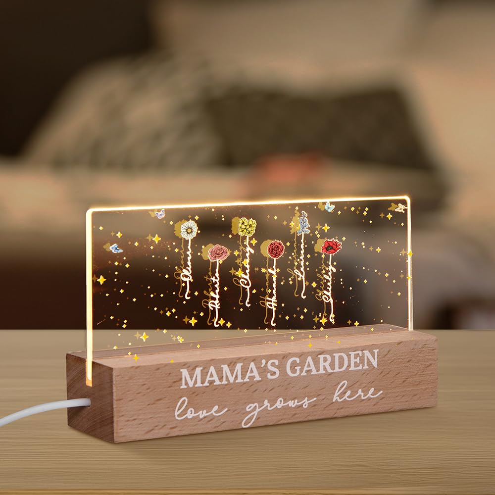 GSTFY Personalised Mum LED Night Light Acrylic Custom 1-12 Garden Birth Flowers & Kids Names Night Lamp with Wooden Base Christmas Presents Birthday Gifts for Grandma